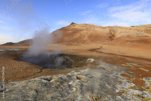 Hverarönd is a hydrothermal site in Iceland with hot springs, fumaroles, mud ponds and very active solfatares. It is located in the north of Iceland