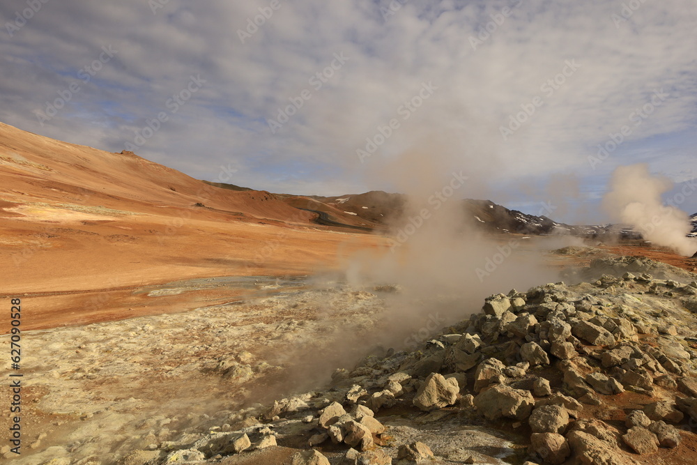 Hverarönd is a hydrothermal site in Iceland with hot springs, fumaroles, mud ponds and very active solfatares. It is located in the north of Iceland, east of the town of Reykjahlíð