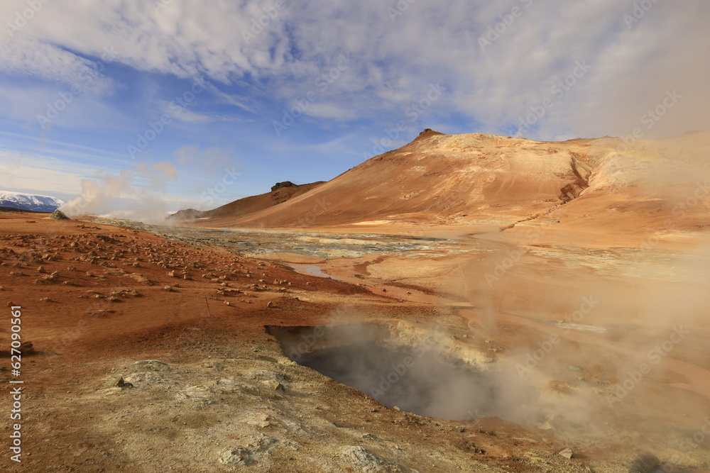 Hverarönd is a hydrothermal site in Iceland with hot springs, fumaroles, mud ponds and very active solfatares. It is located in the north of Iceland, east of the town of Reykjahlíð