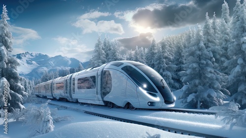 Futuristic modern train in winter snowy forest. Sunny day in the forest. generative ai