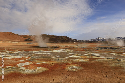 Hverarönd is a hydrothermal site in Iceland with hot springs, fumaroles, mud ponds and very active solfatares. It is located in the north of Iceland, east of the town of Reykjahlíð