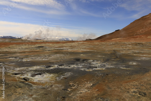 Hverar  nd is a hydrothermal site in Iceland with hot springs  fumaroles  mud ponds and very active solfatares. It is located in the north of Iceland  east of the town of Reykjahl    