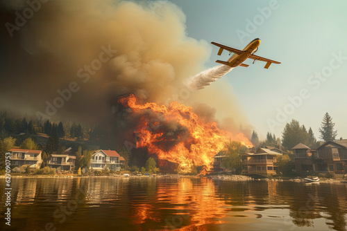In a critical situation, a plane or Canadair swoops over the fire, dousing it with water to save homes amidst an alarming scene of blazing destruction. Summer hot day. Generative Ai.