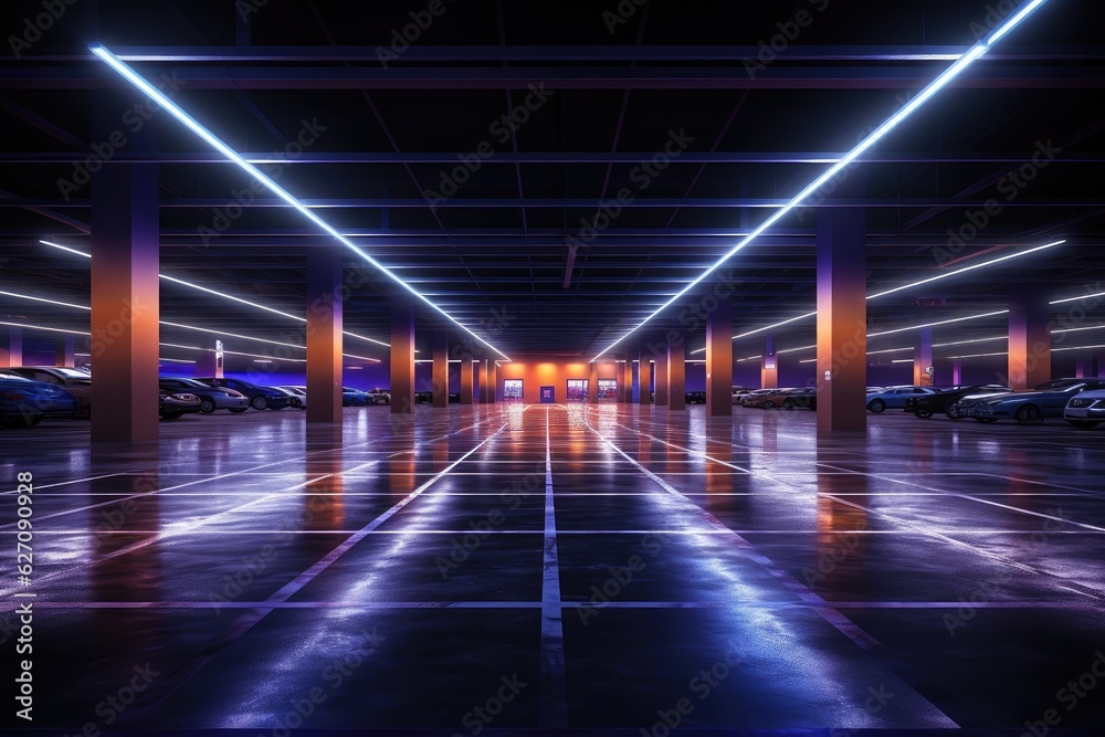 Neon underground car parking. Modern nightlife. Generative ai