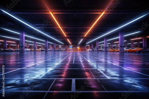 Neon underground car parking. Modern nightlife. Generative ai © Alesia