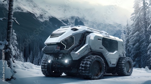 Futuristic modern truck in winter night snowy forest. Night in the forest. Generative AI