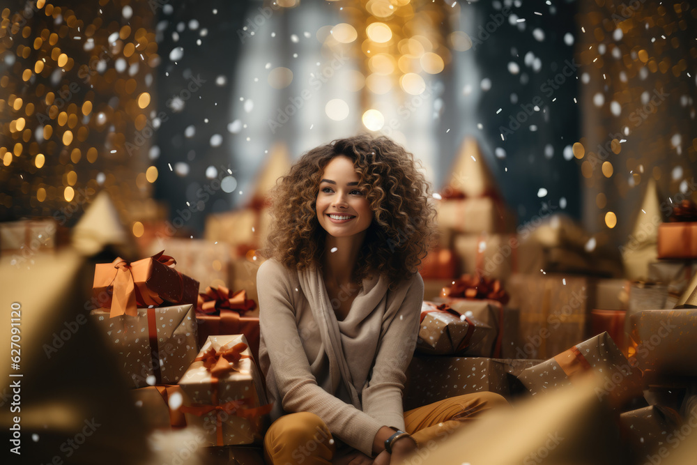 Snow Festive Beauty: A radiant portrait of a woman, joyful and elegant, with presents, a Christmas tree, and sparkling Christmas lights, with snowflakes gently descending. - AI Generative Snow Festive Beauty: A radiant portrait of a woman, joyful and elegant, with presents, a Christmas tree, and sparkling Christmas lights, with snowflakes gently descending. - AI Generative