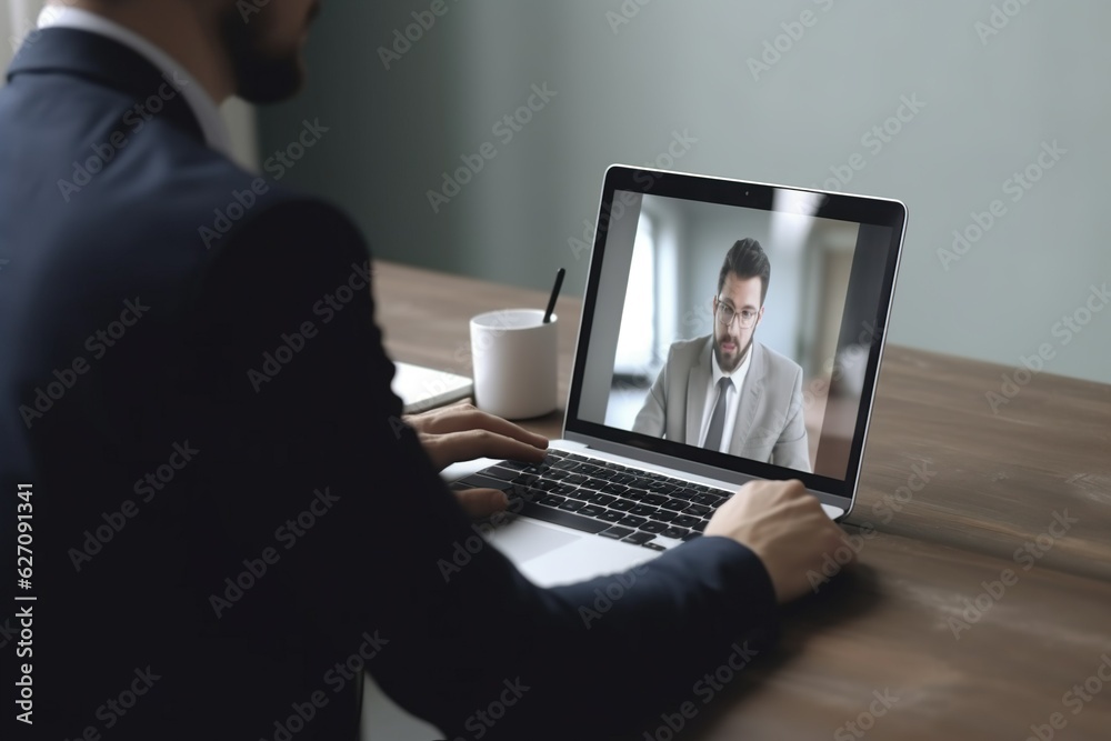 Man working from home, using Zoom app on laptop for video conference. Man working from home, using Zoom app on laptop for video conference.