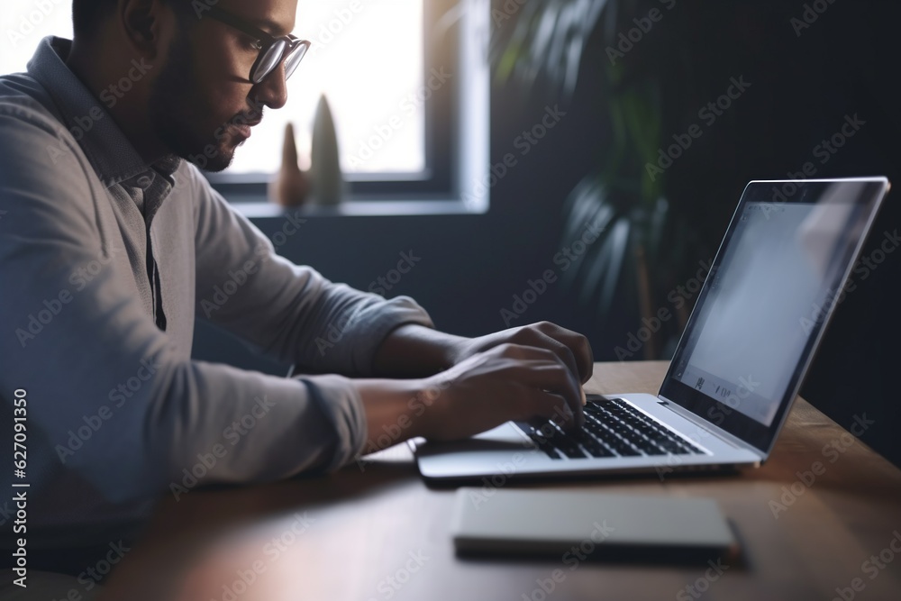 Man working from home, using Zoom app on laptop for video conference.