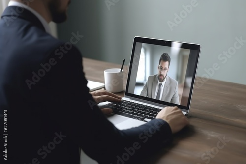 Man working from home, using Zoom app on laptop for video conference.