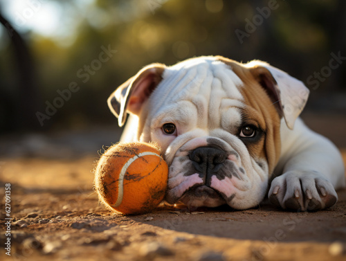 A cute British Bulldog puppy laying next to an orange tennis ball