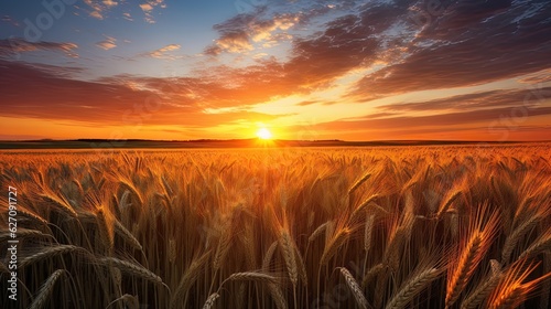 A field with wheat and a beautiful neon sunset. Generative AI © MiaStendal