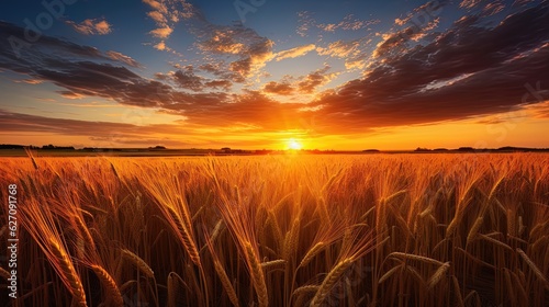 A field with wheat and a beautiful neon sunset. Generative AI