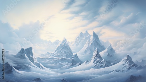 Fantasy winter landscape with snow-capped mountains. Generative AI