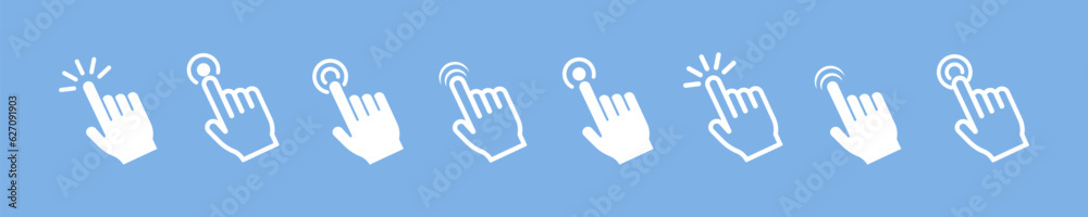 Hand click vector icon set on blue background. Clicking finger icons. Touch here with finger. Hand click vector icon set on blue background. Clicking finger icons. Touch here with finger.
