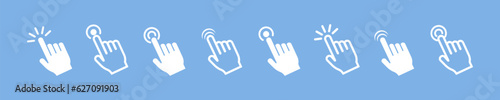 Hand click vector icon set on blue background. Clicking finger icons. Touch here with finger.
