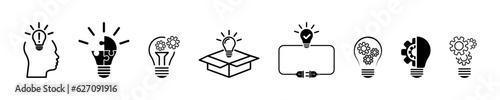 Set of new creative idea vector icons. Innovation solution. Lightbulb and cog. Lightbulb with head. Opening box.
