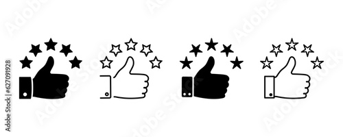 Set of thumb up and five stars vector icons. Customer feedback. Best rating or satisfaction. High service.