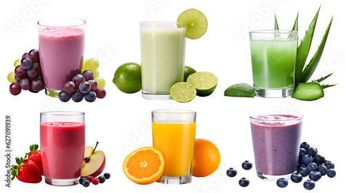 Photographie Freshly pressed Fruit vegetable juice smoothie with fruits veggie toppings on transparent background cutout