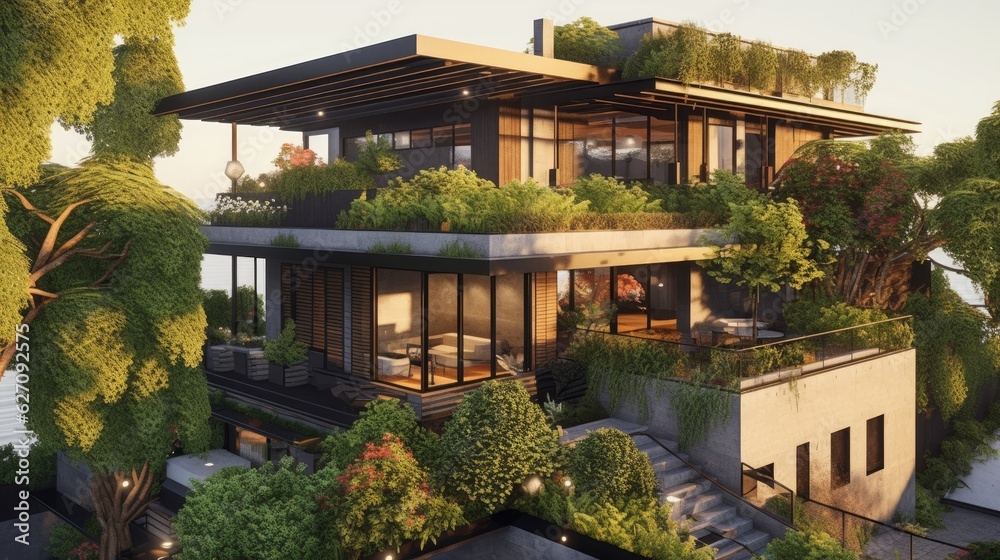 A harmonious blend of modern architecture, a flat roof, a balcony and landscaped. AI generated