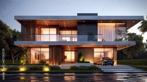 A harmonious blend of modern architecture, a flat roof, a balcony and landscaped. AI generated