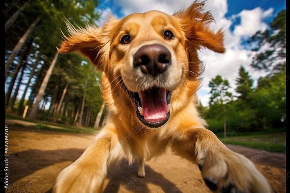 Portrait of a golden retriever dog jumping in the park