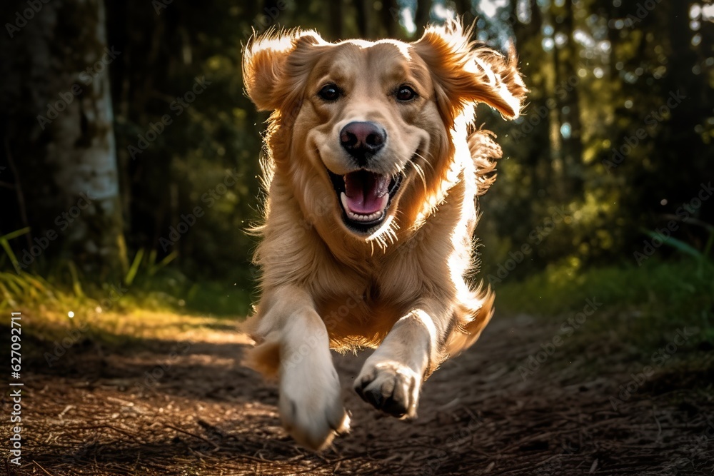 Golden Retriever running in the forest. Motion blur effect.