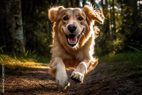 Golden Retriever running in the forest. Motion blur effect.