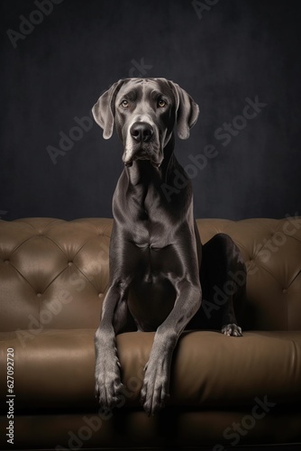Studio portrait of a great dane dog sitting on a leather sofa