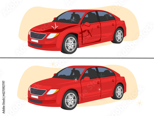 Car repair, before and after the repair of the crashed car.