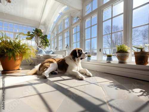 St Bernard puppy looking out of a snowy window