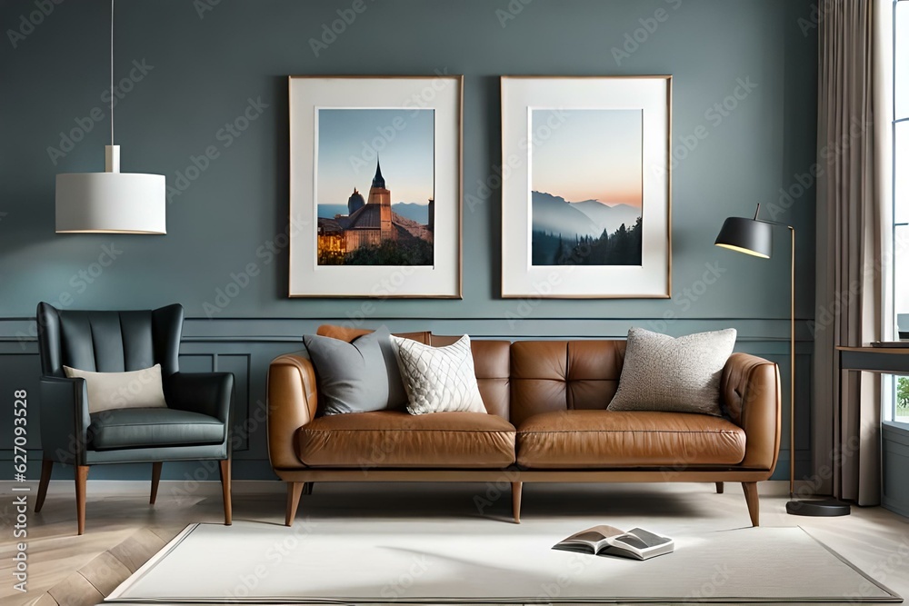 Two blank picture frame mockup in home interior design. Living room, commode with brown leather sofa, armchair, lamp and vases Two blank picture frame mockup in home interior design. Living room, commode with brown leather sofa, armchair, lamp and vases