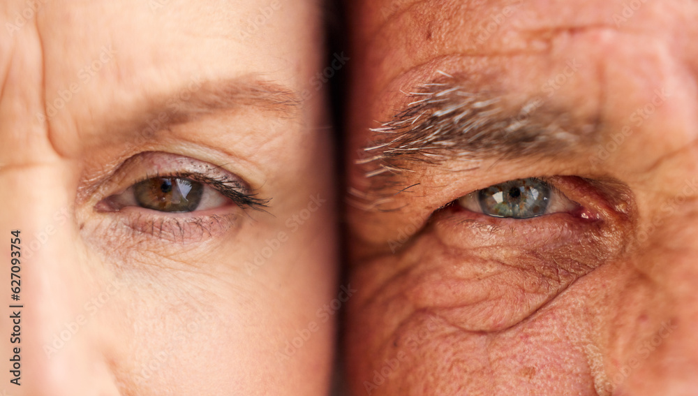 Face, eyes and closeup of old couple with wrinkles on skin for natural aging process in retirement. Portrait, elderly man and senior woman looking with vision, nostalgia or perception of grandparents - obrazy, fototapety, plakaty 