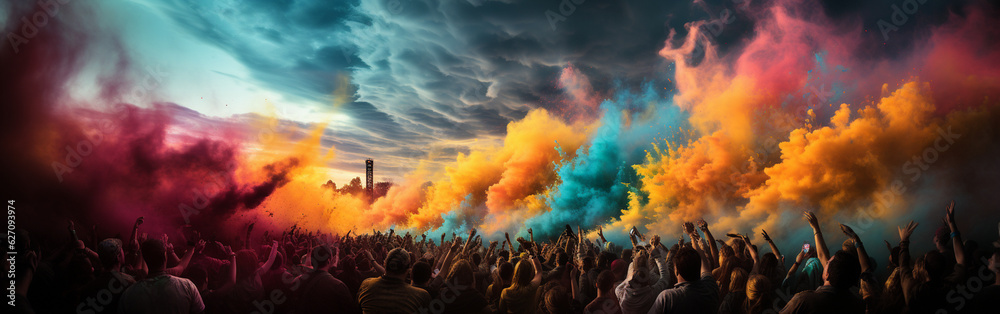 Fireworks Spectacular: Panoramic Crowd with Colorful Smoke (Illustration)
