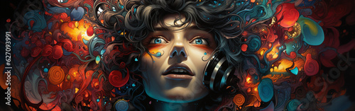 Sonic Imagination: Woman Portrait with Headphones and Art Makeup (Illustration)