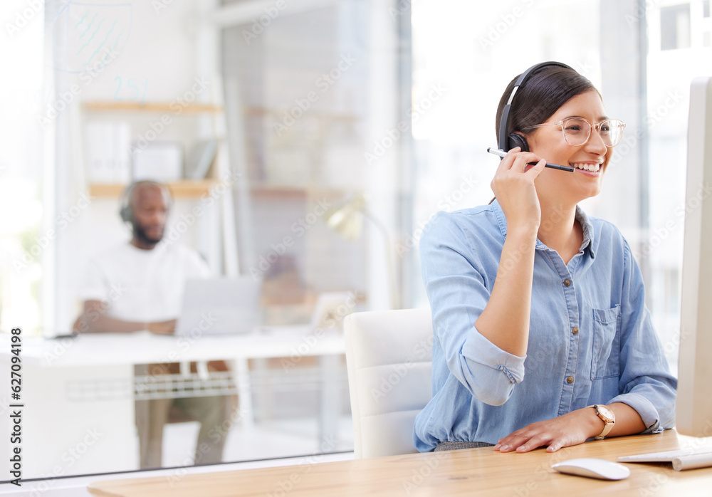 Call center, computer and happy woman, virtual consultant or advisor in customer support, online advice or office chat. Help desk communication, business agent and person on desktop pc in workspace Call center, computer and happy woman, virtual consultant or advisor in customer support, online advice or office chat. Help desk communication, business agent and person on desktop pc in workspace