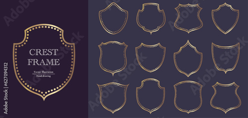 Crest frame set. Gold shiny badge simple shaped vector design.