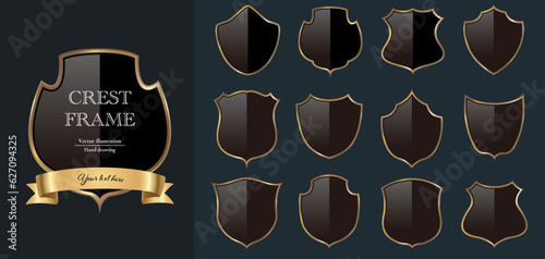 Crest frame set. Gold and black shiny badge vector design.
