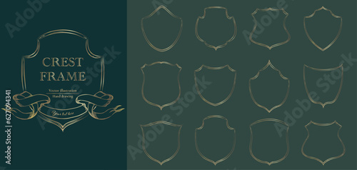 Crest frame set. Vintage gold line vector illustration.