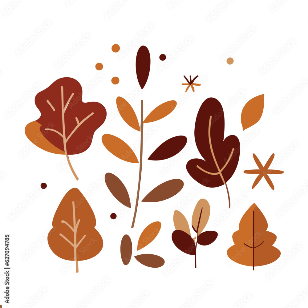 Hand-drawn vector autumn leaves set. Oak, maple, elm dry fallen leaf. Hand-drawn fall forest yellow or red foliage. Colored trendy illustration. Flat design. Stamp texture. All elements are isolated.
