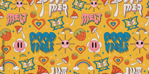 Y2k pattern sun,heart,rainbow,butterfly,mushroom,flower,strawberry.Melt,good vibes,summer.retro style packaging,print