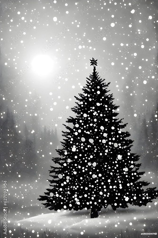 Enchanting Winter Holiday Spirit Wonderland: Captivating Illustration of a Christmas Tree Outdoors Near The Snowy Road In The Sunlight Monochrome Backdrop Generative Ai