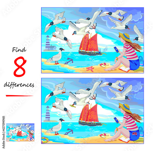 Find 8 differences. Illustration of a girl sitting on the seashore. Logic puzzle game for children and adults. Page for kids brain teaser book. Developing to counting skills. Vector cartoon drawing.
