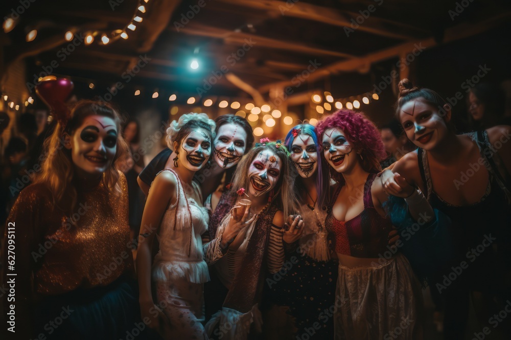 Obraz premium A group of friends in creative and spooky costumes, laughing and posing for a photo at a Halloween party, capturing the fun and excitement of the holiday. Generative AI