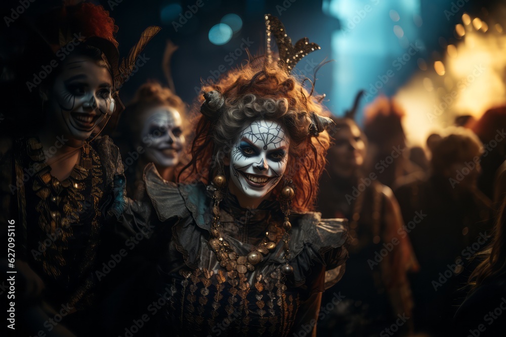 A group of friends in creative and spooky costumes, laughing and posing for a photo at a Halloween party, capturing the fun and excitement of the holiday. Generative AI A group of friends in creative and spooky costumes, laughing and posing for a photo at a Halloween party, capturing the fun and excitement of the holiday. Generative AI