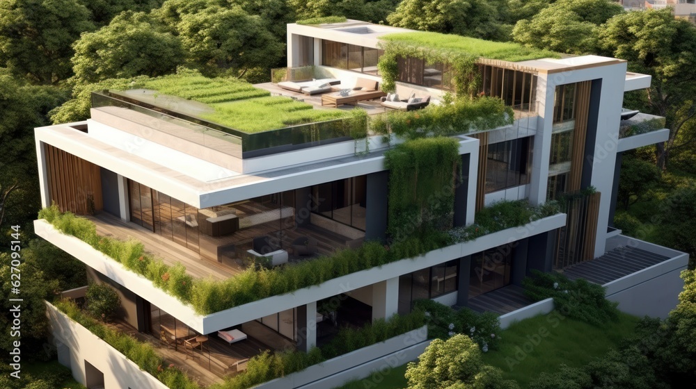 A building with a flat roof and perfectly landscaped green spaces. AI generated