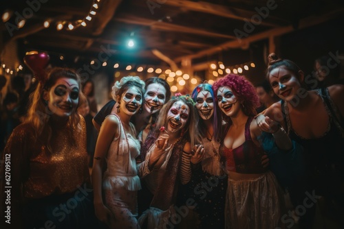 A group of friends in creative and spooky costumes, laughing and posing for a photo at a Halloween party, capturing the fun and excitement of the holiday. Generative AI