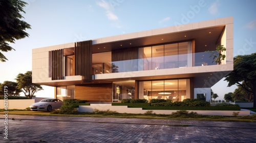 A stylish residential building with a flat roof and a well-designed balcony. AI generated © PandaStockArt