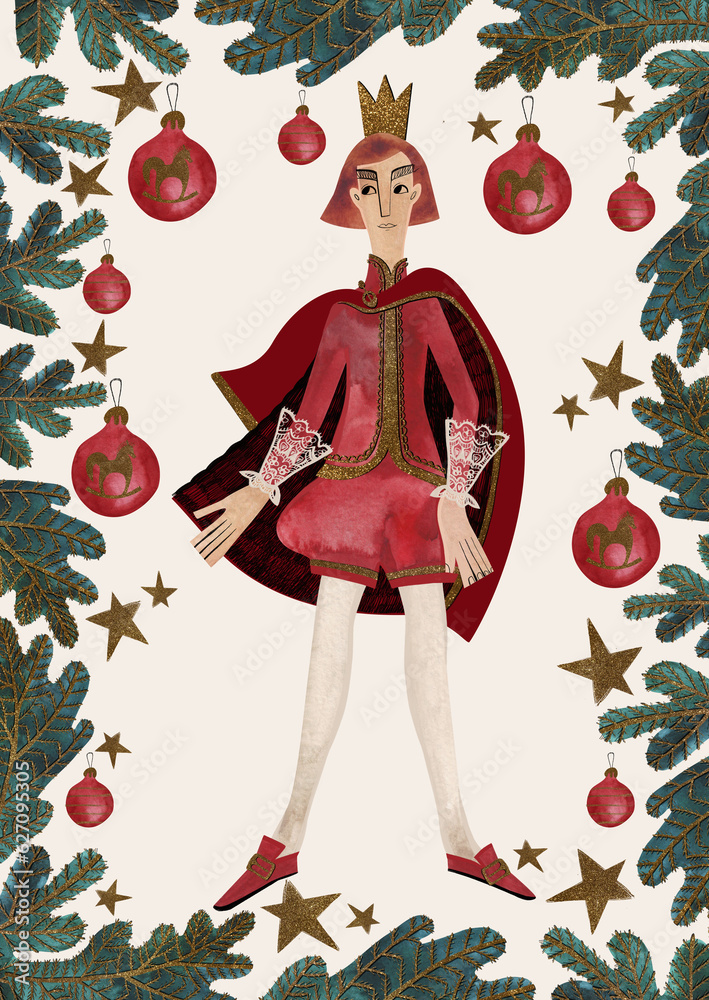 Obraz premium Watercolor postcard with decorated christmas tree and prince. Christmas card. Children's toy. A Christmas gift. Raster illustration for packaging, greeting cards, gifts
