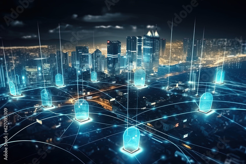 Smart city and abstract communication network concept, big data dot point connection technology concept